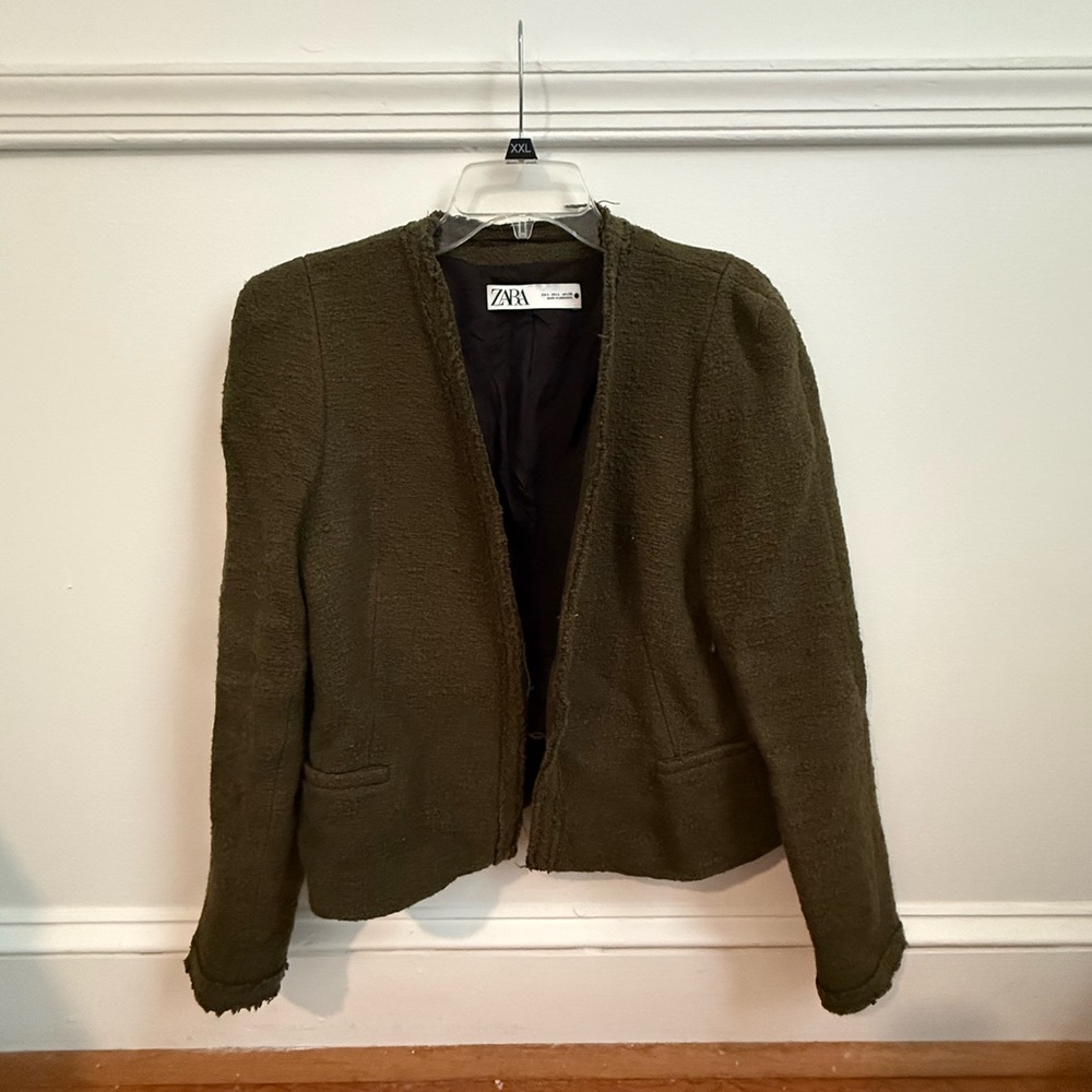 Zara Olive Textured Open Front Blazer Jacket